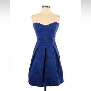 Express Womens Royal Blue Strapless Pleated Knee Length Fit & Flare Dress Sz S